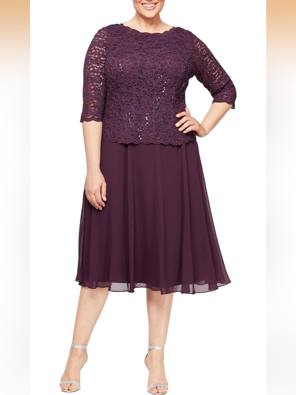 Plus Size Tea-Length Lace Mock Special Occasion Dress, Deep Plum, 24 Plus